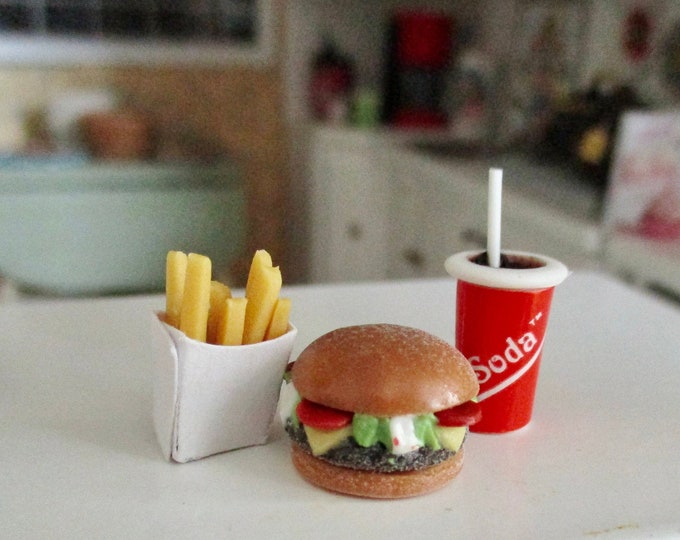 Miniature Burger, Fries And Drink Set, 3 Piece Mini Food Set, Style #39,  Dollhouse Miniatures, 1:12 Scale, Dollhouse Food, Accessory