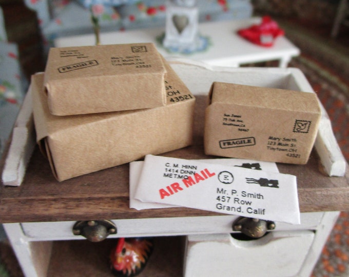 Miniature Mail Packages Letter Set, 5 Piece Set, 2 Letters, 3 Packages, Dollhouse Miniature, 1:12 Scale, Mini Mail Set
