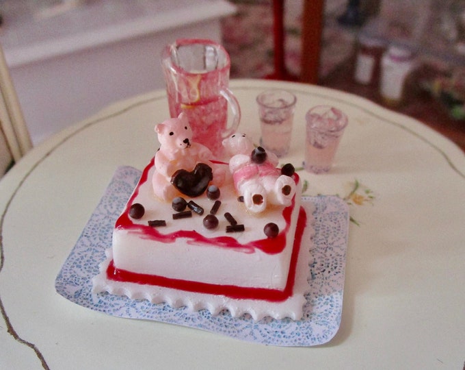 Miniature Cake, Mini Decorated Sheet Cake On Paper Doily With Bears, Style #48, Dollhouse Miniature, 1:12 Scale, Mini Cake