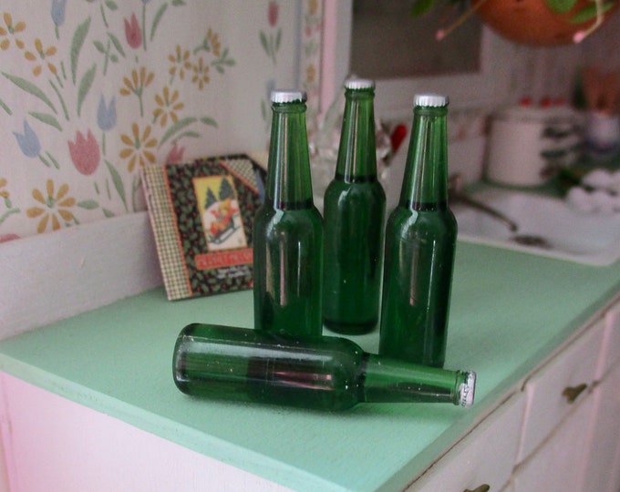 Miniature Beer Bottles, Mini Green Bottles, 4 Piece Set, Style #95, Dollhouse Miniature, 1:12 Scale, Dollhouse Accessory, Decor