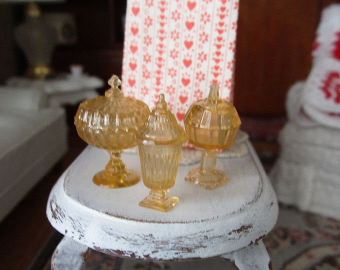 Miniature Candy Dish Set, Mini Amber Dish Set, 3 Dishes With Lids, Style #68, Dollhouse 1:12 Scale, Dollhouse Accessories, Decor