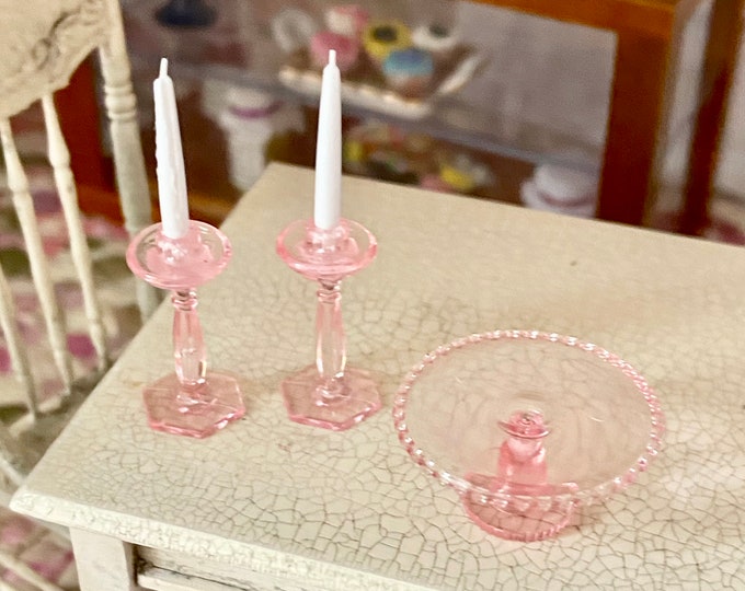 Miniature Cake Stand and Candle Set, Pink Set, Plate Stand, Dollhouse Miniature, 1:12 Scale, Dollhouse Accessory, Decor