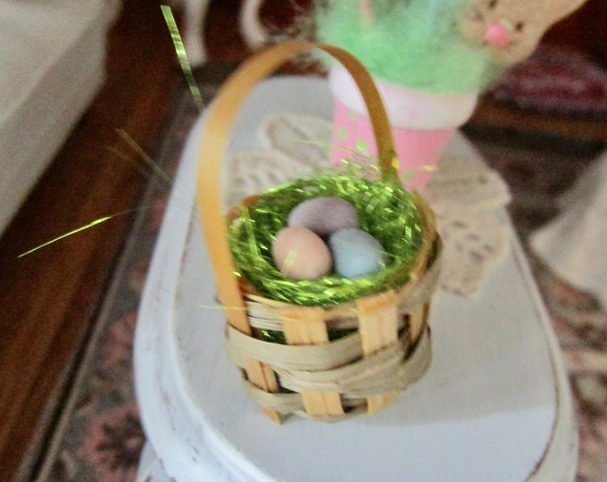Miniature Easter Basket, Mini Basket With Colored Eggs And Grass, Style #01, Dollhouse Miniature, 1:12 Scale, Easter Decor