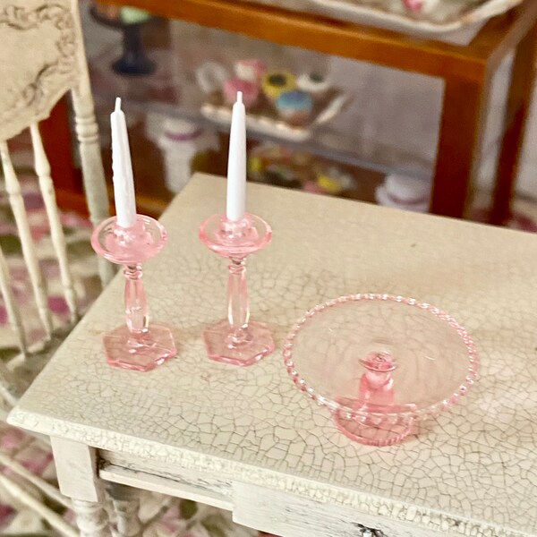 Miniature Cake Stand and Candle Set, Pink Set, Plate Stand, Dollhouse Miniature, 1:12 Scale, Dollhouse Accessory, Decor