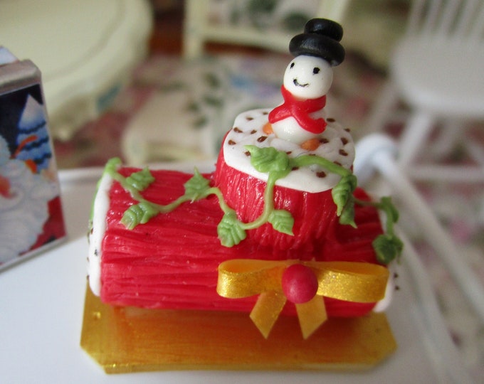 Miniature Cake, Mini Christmas Yule Log Cake, Style #53, Decorated Cake With Snowman, Dollhouse Miniature, 1:12 Scale, Christmas Holiday