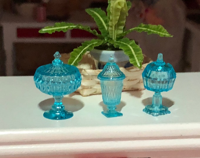 Miniature Candy Dish Set, Blue Candy Dishes, Set of 3 With Lids, Dollhouse Miniatures, 1:12 Scale, Dollhouse Accessories, Decor, Crafts