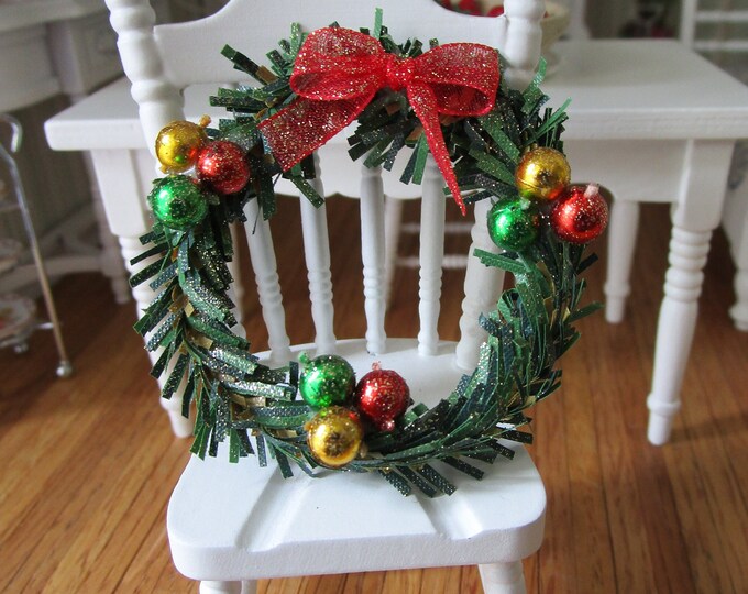 Miniature Wreath, Decorated Glittered Mini Holiday Wreath With Red Bow, Style #27, Dollhouse Miniature, 1:12 Scale, Holiday Decor