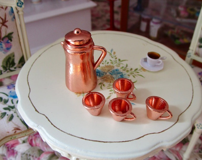 Miniature Coffee Pot And Cups Set, Mini Copper Colored Coffee Pot And 4 Cups/Mugs, Style #92, Dollhouse Miniature, 1:12 Scale