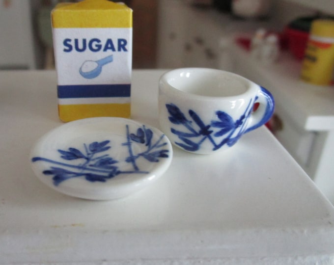 Miniature Blue Delft Style Cup and Saucer set, Mini Mug and Plate Style #11, Dollhouse Miniature, Dollhouse Decor, Dishes