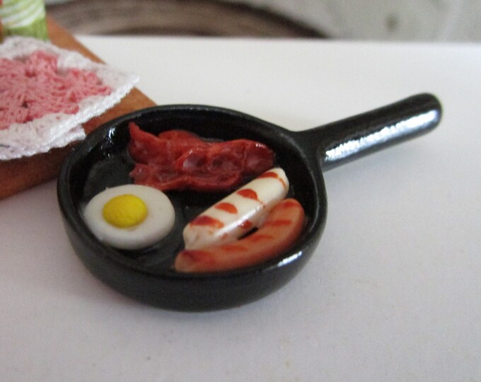Miniature Breakfast, Mini Black Skillet With Breakfast, Bacon, Egg, Sausage In Pan, Style #69, Dollhouse Miniature, 1:12 Scale, Mini Food