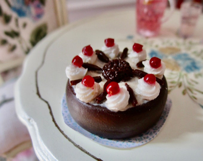 Miniature Chocolate Cake, Cake With Whip Cream & Cherries, Style #18, Dollhouse Miniature, 1:12 Scale. Dollhouse Food, Mini Dessert