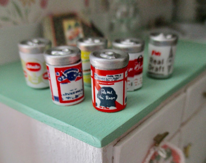 Miniature Beer Cans, 6 Piece Set, Dollhouse Miniatures, 1:12 Scale, Dollhouse Food, Miniature Drinks, Dollhouse Accessory, Mini Cans