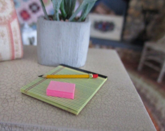 Miniature Paper And Pencil Set, Lined Yellow Paper Pad, Pink Paper And Pencil, 3 Piece Set, Dollhouse Miniature, 1:12 Scale, Dollhouse Decor