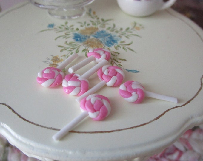 Miniature Lollipops, Pink and White Lollipop Set, 6 Pcs, Style #49, Dollhouse Miniature, 1:12 Scale, Mini Food, Dollhouse Food