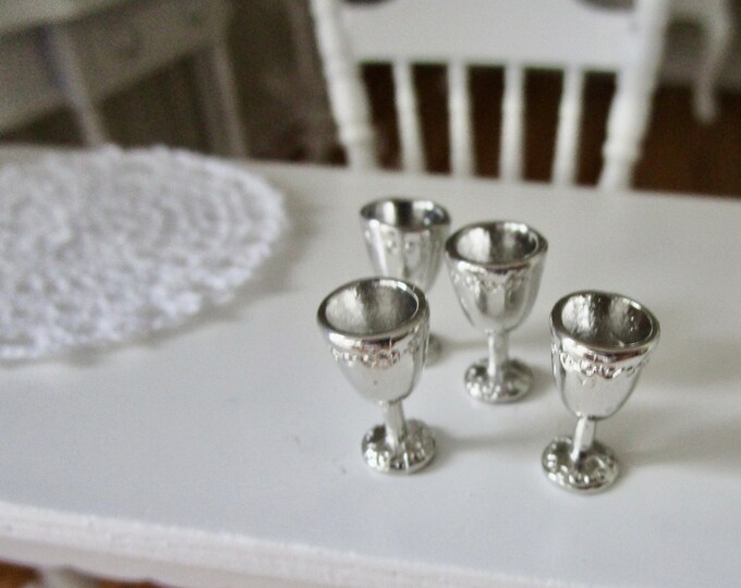 Miniature Silver Goblet Set, Mini Silver Wine Glasses 4 Pc Set, Style #55, Dollhouse Miniature, 1:12 Scale, Dollhouse Decor, Accessories