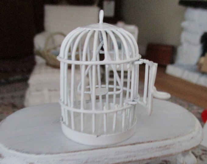 Miniature White Bird Cage, Mini Cage With Working Door and Swing, Dollhouse Miniature, 1:12 Scale, Mini Cage