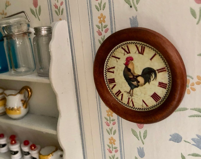 Miniature Wall Clock, Wood Framed Clock With Rooster, Dollhouse Miniature, 1:12 Scale, Dollhouse Decor, Accessory, Mini Wall Clock