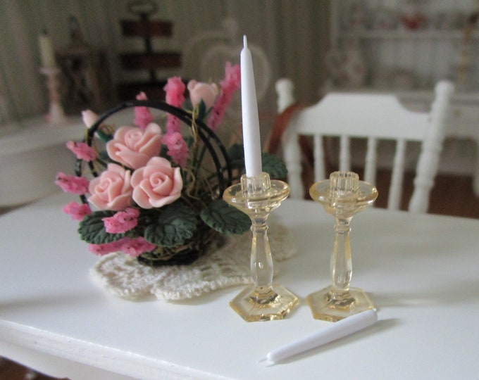 Miniature Candlesticks, Amber Glass Look Candle Holders and White Candles Set, Dollhouse Miniature, 1:12 Scale, Dollhouse 1 Inch Scale