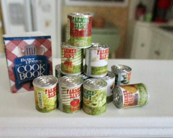 Miniature Vegetable Cans, 12 Piece Set Assorted Canned Veggies, Style #63 Dollhouse Miniature, 1:12 Scale, Mini Food, Dollhouse Accessory