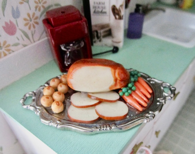 Miniature Turkey Dinner On Platter, Mini Turkey, Potatoes, Carrots And Peas, Style #24, Dollhouse Miniature, 1:12 Scale, Thanksgiving Tray