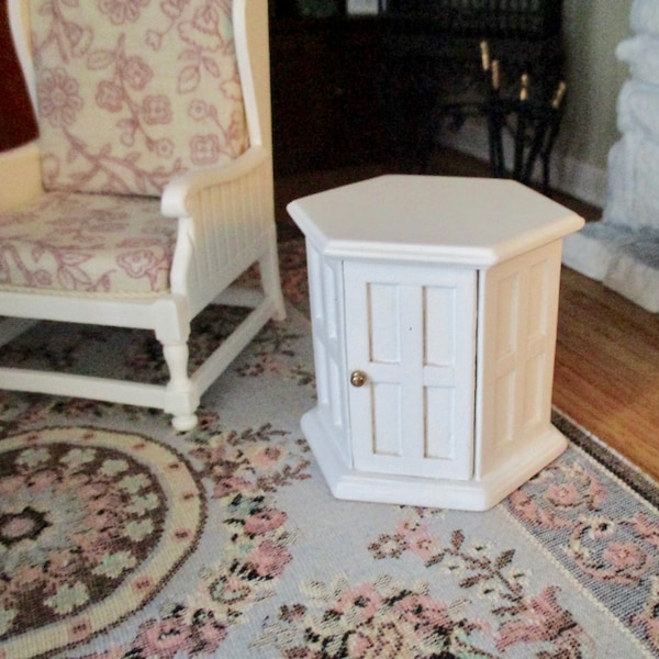 Miniature JBM End Table, White Octagon Wood End Table With Doors, Dollhouse Miniature Furniture, 1:12 Scale, Dollhouse Decor, Mini Table