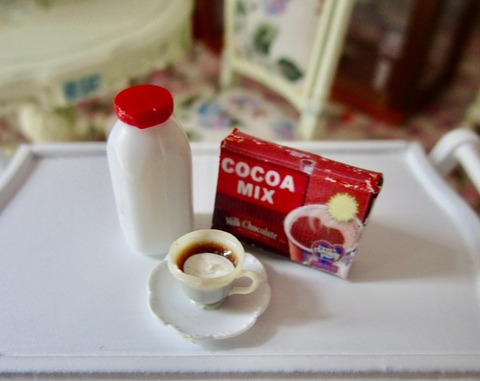 Miniature Hot Cocoa Set, Mini Box Hot Cocoa, Filled Mug and Saucer, Milk Bottle, Style #48,  Dollhouse Miniatures, 1:12 Scale