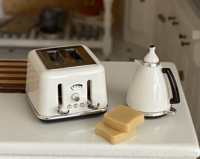 Miniature Coffee Pot and Toaster Set, 4 Piece Set with Mini Bread, Dollhouse Miniatures, 1:12 Scale, Dollhouse Kitchen Decor, Accessory