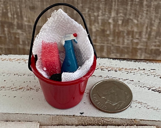 Miniature Bucket With Cleaning Supplies, Dollhouse Miniature, 1:12 Scale, Mini Red Filled Bucket Pail