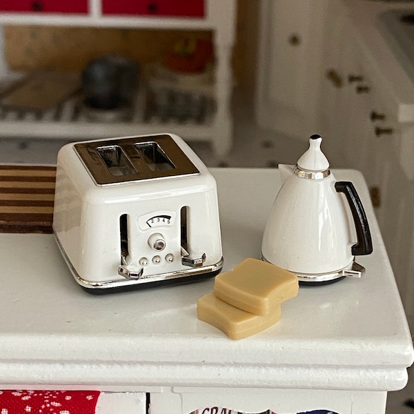 Miniature Coffee Pot and Toaster Set, 4 Piece Set with Mini Bread, Dollhouse Miniatures, 1:12 Scale, Dollhouse Kitchen Decor, Accessory