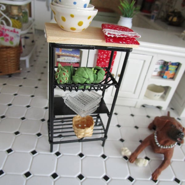 Miniature Black Metal And Wood Utility Rack With Basket and Shelf, Dollhouse Miniature, 1:12 Scale, Dollhouse Decor, Furniture