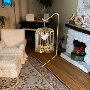 Miniature Brass Birdcage With Bird and Stand, Dollhouse Miniature, 1:12 Scale, Mini Cage for Dollhouse, Dollhouse Accessory, Decor, Pet