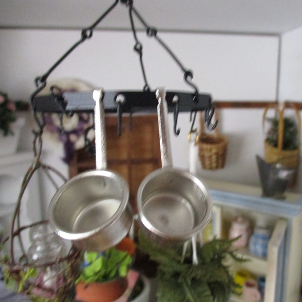 Miniature Hanging Silver Pots, 2 Piece Set, Mini Cookware, Style #08, Dollhouse Miniatures, 1:12 Scale, Kitchen Decor, Accessory, Mini Pots