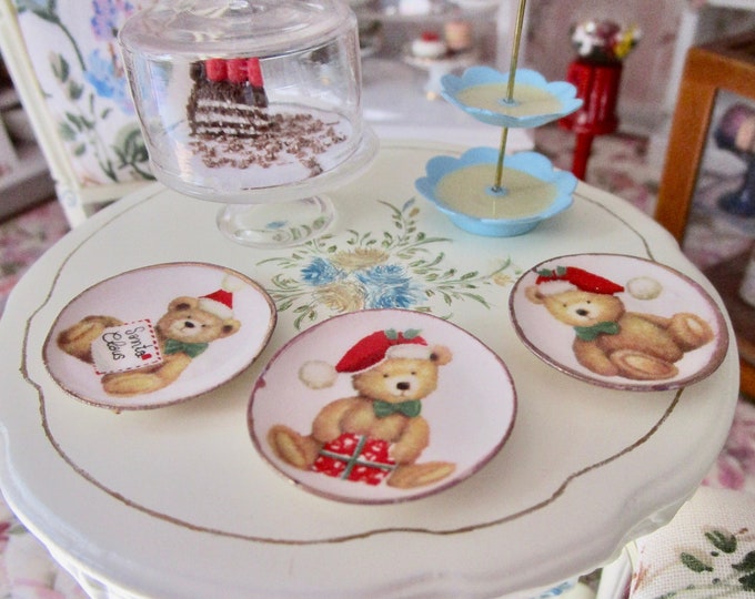 Miniature Christmas Teddy Bear Dishes, 3 Piece Ceramic Bear Plates, Dollhouse Miniatures, 1:12 Scale, Dollhouse Holiday Decor