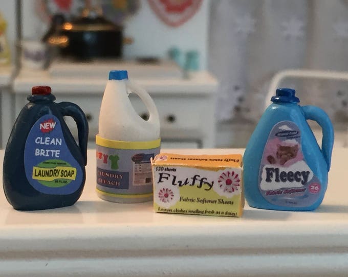 Miniature Laundry Room Products, Detergent, Bleach, Fabric Softener, 4 Piece Set, Dollhouse Miniatures, 1:12 Scale, Dollhouse Decor