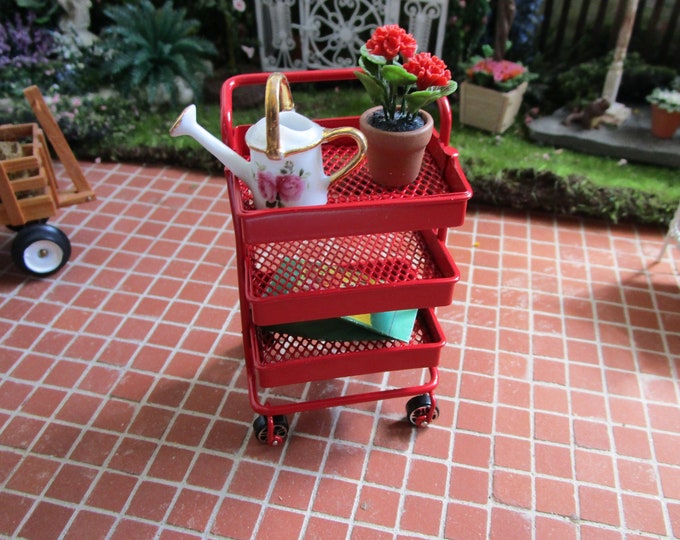 Miniature Red Metal Cart, 3 Shelf Basket Rolling Cart, Dollhouse Miniature, 1:12 Scale, Dollhouse Decor Accessory