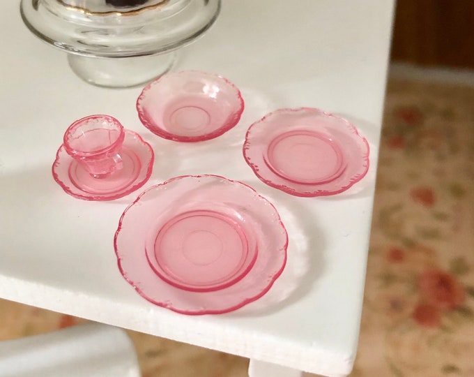 Miniature Place Setting Set, 5 Piece Pink Depression Glass Look Mini Plates, Cup and Saucers, Dollhouse Miniature, 1:12 Scale