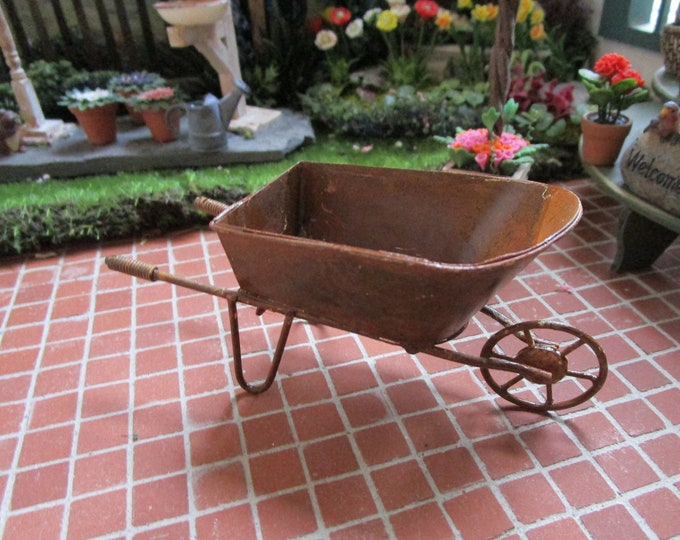 Miniature Rusted Metal Wheelbarrow, Mini Wheelbarrow, Stye #27, Dollhouse Miniature, 1:12  Scale,  Dollhouse Accessory, Mini Garden Decor