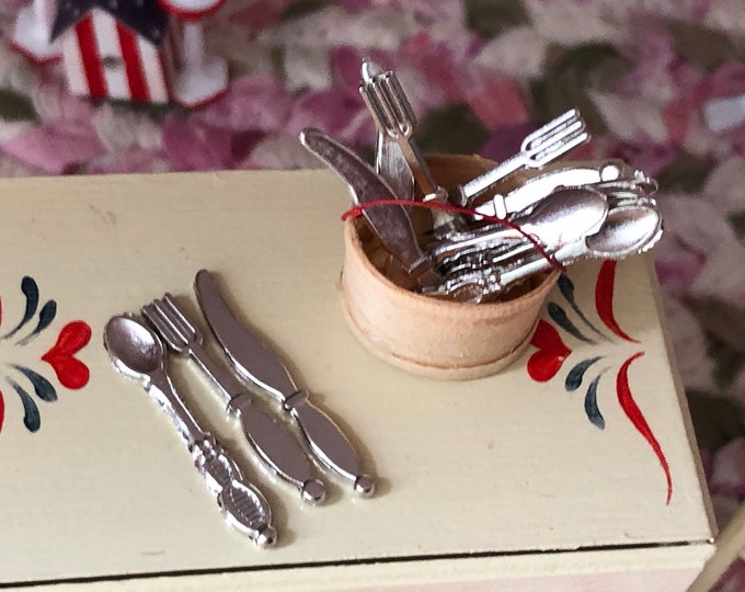 Miniature Silverware Set, 12 Piece Flatware Set, Mini Cutlery, Style 10, Dollhouse Miniature, 1:12 Scale, Mini Forks, Knives and Spoons