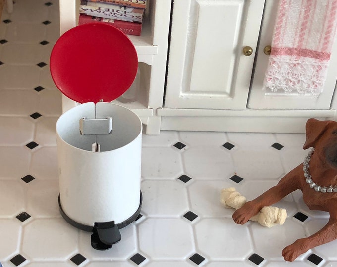 Miniature Trash Can, Red and White Step on Garbage Can, Dollhouse Miniature, 1:12 Scale, Dollhouse Accessory, Decor, Topper