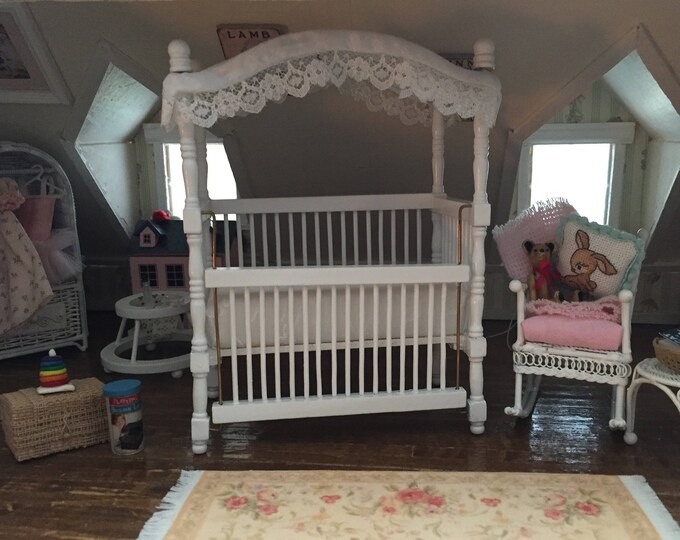 Miniature White Canopy Crib, Dollhouse Miniature Furniture, 112 Scale