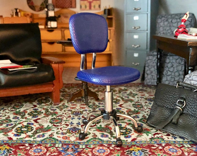 Miniature Swivel Office Chair, Mini Blue Desk Chair, Dollhouse Miniature Furniture, 1:12 Scale, Mini Metal Chair