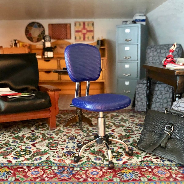 Miniature Swivel Office Chair, Mini Blue Desk Chair, Dollhouse Miniature Furniture, 1:12 Scale, Mini Metal Chair