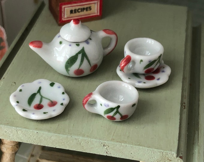 Miniature Tea Set, Cherry Painted Ceramic 6 Piece Mini Tea Set, Dollhouse Miniature, 1:12 Scale, Dollhouse Accessory, Decor, Mini Cups