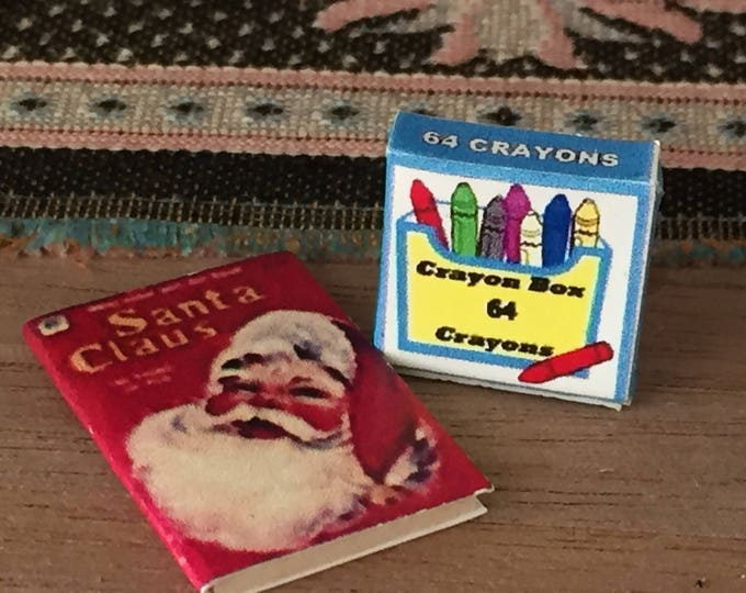 Miniature Santa Claus Coloring Book and Crayon Box, Dollhouse Miniature, 1:12 Scale, Dollhouse Accessory, Holiday Decor, Mini Book