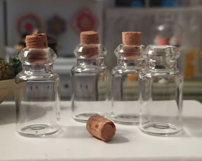 Miniature Glass Jars with Cork Tops, Set of 4, Dollhouse Miniature, Mini Bottles, Dollhouse Accessories, Decor, Crafts, Glass Bottles