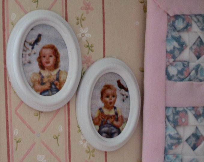 Miniature White Oval Framed Photos, Boy And Girl With Birds, 2 Piece Set, Dollhouse Miniature, 1:12 Scale, Dollhouse Pictures, Wall Decor