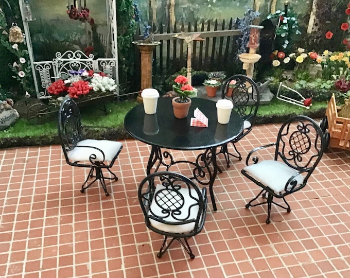 Miniature Black Metal Patio Table And Chair Set, Includes Round Table, 4 Chairs with Cushions,  Dollhouse Miniature Furniture 1:12 Scale
