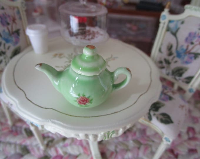 Miniature Green Tea Pot, Rose Design Green Mini Tea Pot, Style #89, Dollhouse Miniature, 1:12 Scale, Dollhouse Decor, Accessory