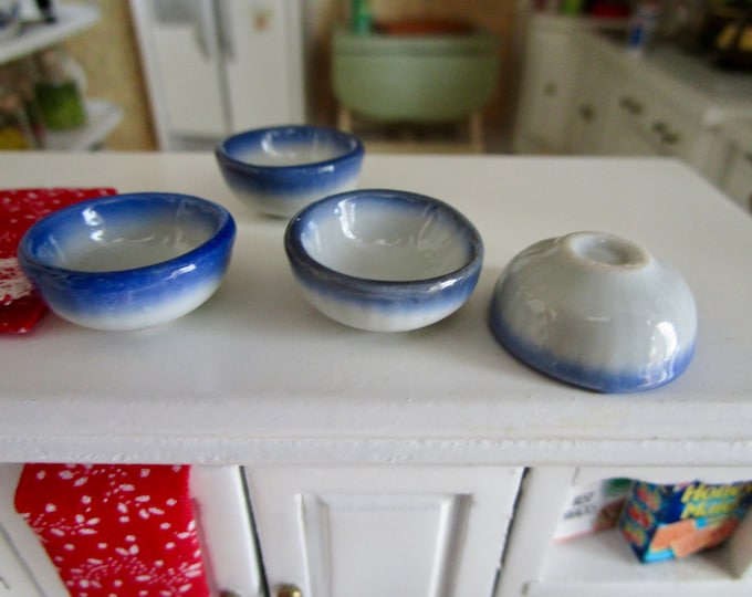 Miniature Blue and White Ceramic Bowls, 4 Piece Set, Style #54, Dollhouse Miniature, 1:12 Scale, Dollhouse Accessory, Decor, Mini Bowls