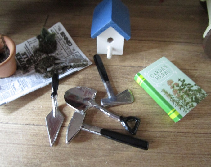 Miniature Garden Tools, Mini Tool Set, Style #79, 4 Piece Garden Tool Set, Dollhouse Miniature, 1:12 Scale, Dollhouse Accessories